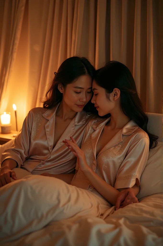 A man and a woman in silk pajamas are having sex.,70-year-old male,20-year-old female,Korean