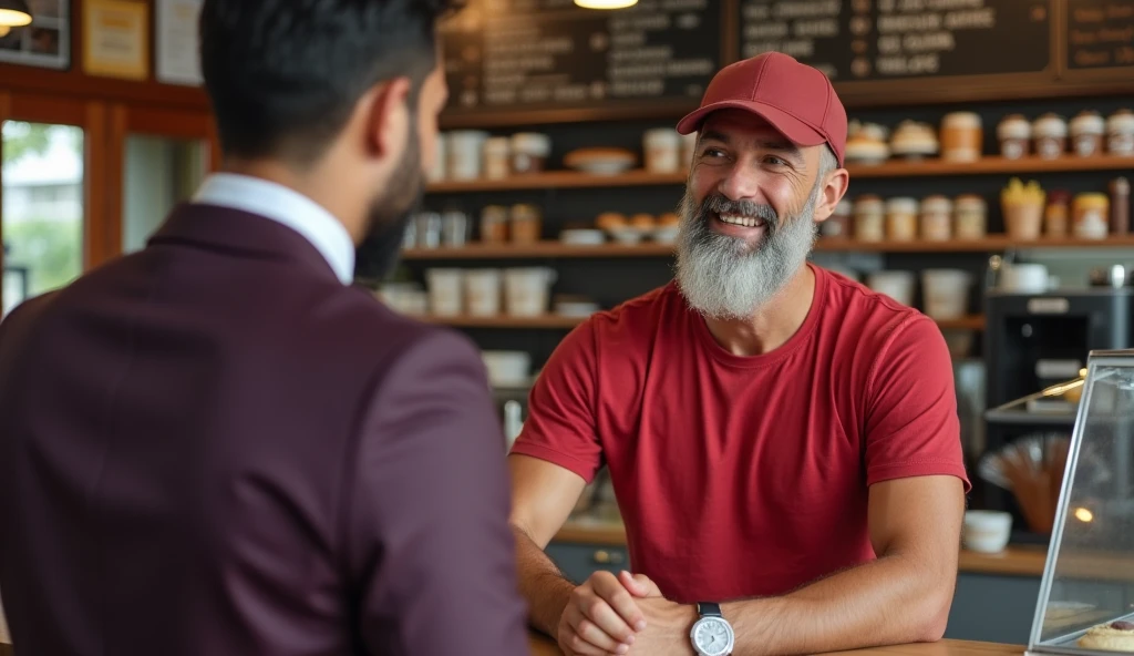 A handsome guy who is a staff at a cake shop, is wearing a red T-shirt and a cap. He is talking to a customer from the other side of the counter, who is wearing a dark purple 3 piece suit. He is 40 years old, has black hair but light white beard.