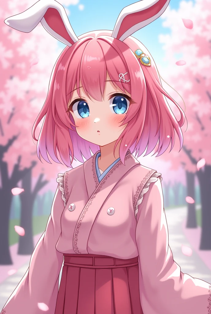 Anime girl kawaii with pink hair blue eyes bunny ears and pink japanese uniform