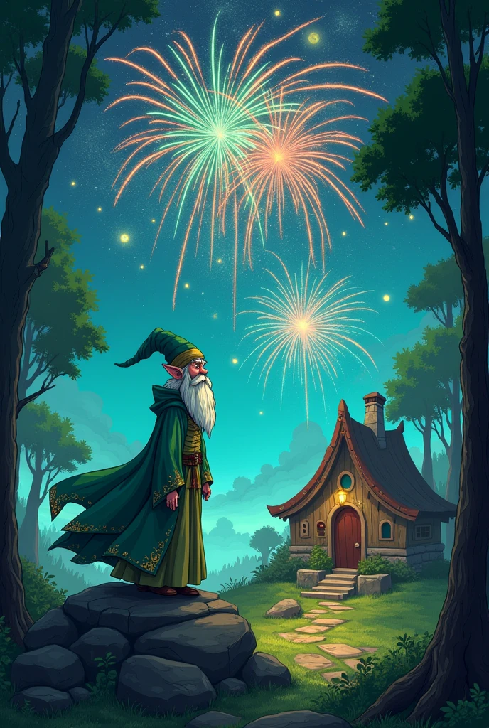 Elf man wizard,Fireworks, hermit, cartoon 2000