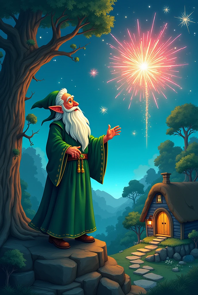Elf man wizard,Fireworks, hermit, cartoon 2000