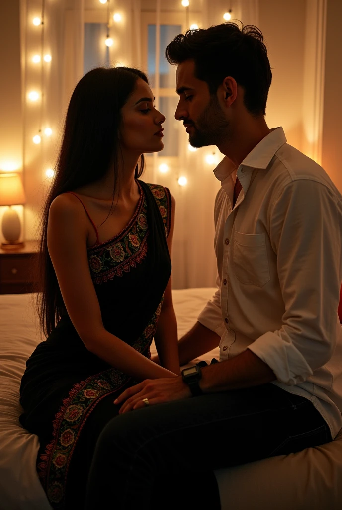 A girl, tanned skin, wearing a black colour saree,red and green designs on it, dark red blouse, long sleeve, long hair, black hair, open hair, Straight hair ,Asian style, sitting on a bed, looking at a man who wears a white shirt,folded sleeve,black jeans, night, dream light,