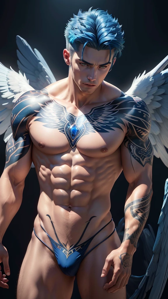 muscular male angel, wings made of sapphire gemstones, majestic pose, bare perfect body, smooth skin, sapphire blue hair, blue eyes, perfect face, sexy expression, full-body tattoos, tattoo on chest, (best quality,4k,8k,highres,masterpiece:1.2),ultra-detailed,(realistic,photorealistic,photo-realistic:1.37),