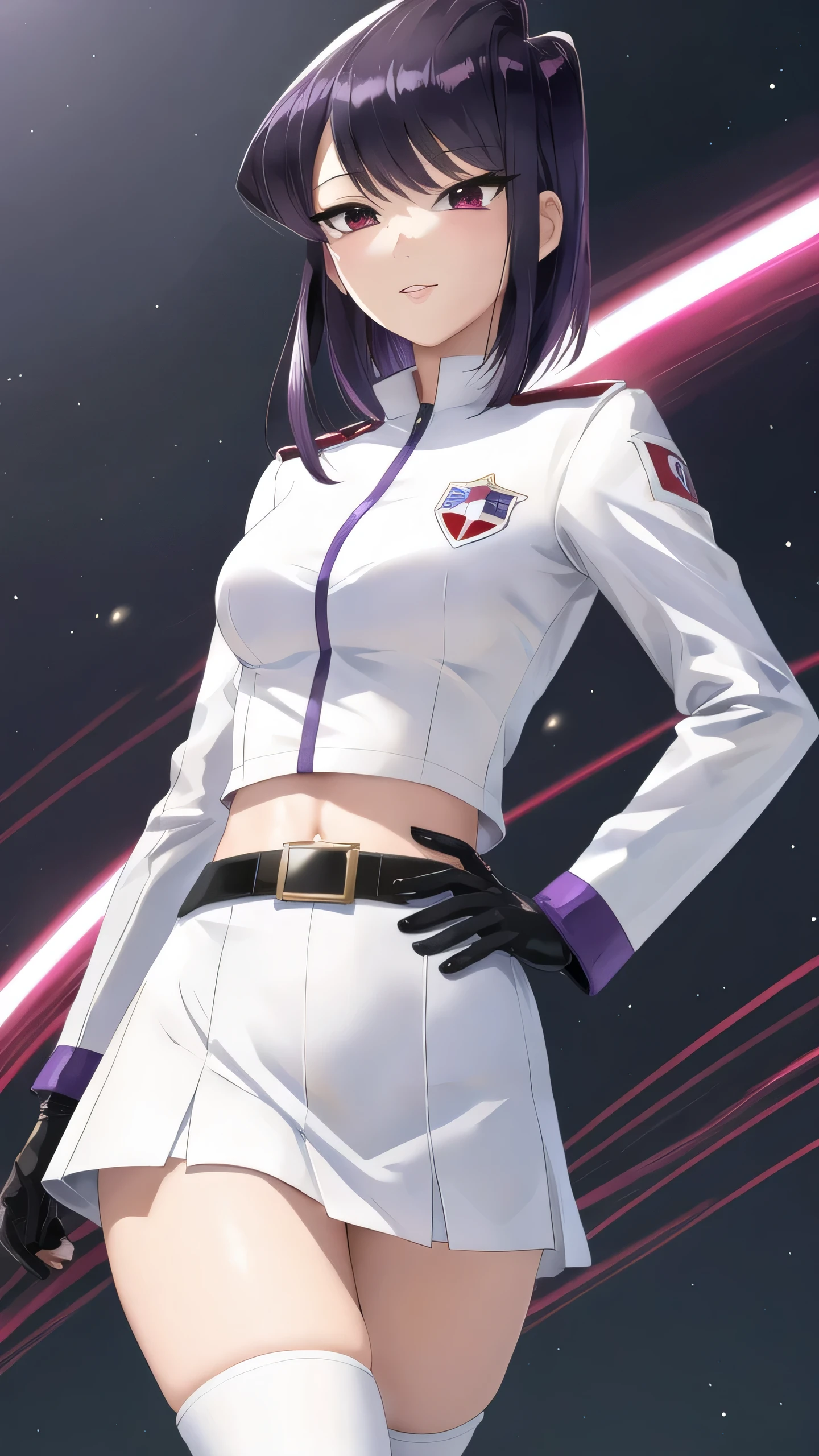 komi shouko, short hair, purple hair, side ponytail, purple eyes, grin, BREAK, team rocket uniform, (logo on shirt:1.25), (red letter R), white jacket, white skirt, thighhigh boots, midriff, (glowing eyes:1.25), masterpiece, best quality, extremely detailed, highly quality, 4k, sharp focus, professional, sharp focus, award winning, cinematic lighting, octane render, unreal engine, volumetrics dtx, Wallpaper,