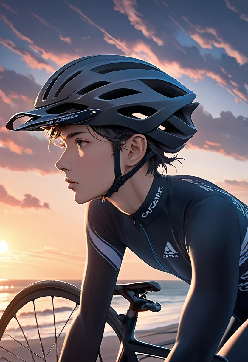 
                     ( Correct and perfect anatomy ) A stylish boy wearing a hat rides a bicycle (close up)  (Well-fitting cycling clothing),(Gloves)  on a beautiful coastline. Cycling, high dynamic, wind, speed lines, exquisite, detailed, perfect.


                          The background is a deep twilight coastal scene, the sky gradually darkens, the light gets dimmer.，Beautiful light and shadow art creates a mysterious atmosphere. Highly detailed digital art with soft colors. Surreal high-definition pictures.