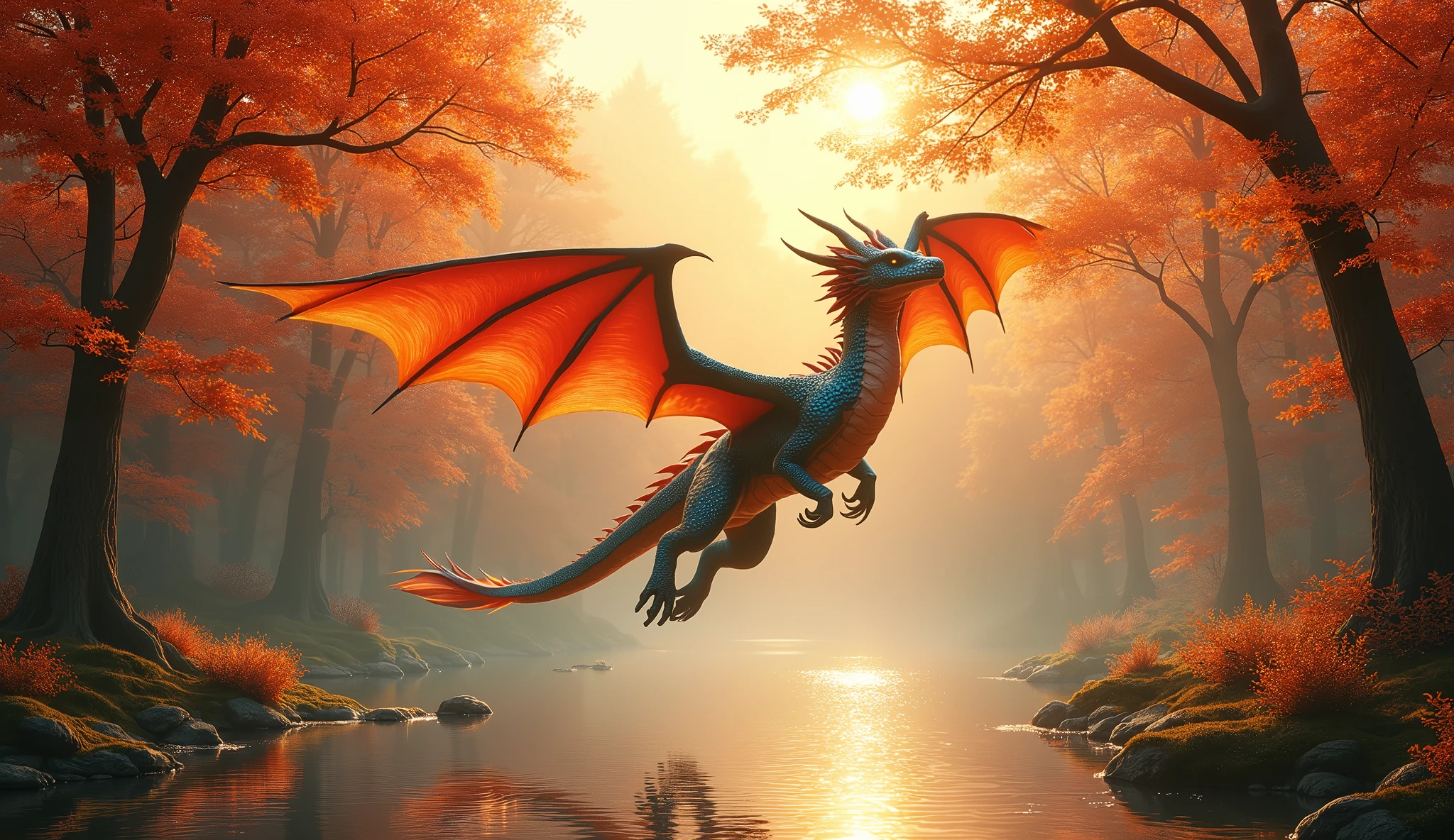 Beautiful art style，dragon，8K,excellent scene，fall，Golden Sunshine，Ray Tracing,Nirvana feeling