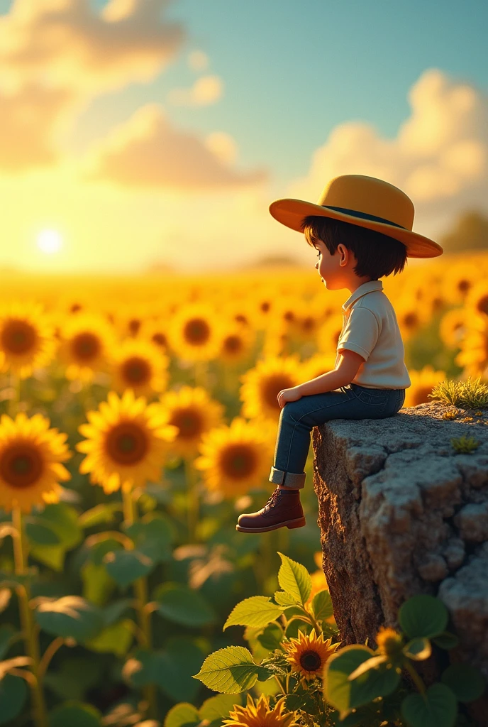 man sitting on a stone watching a sunflower field when the sun is setting
make the man smaller and the sunflowers should be more visible and more in numbers
make the image more aesthetic
move the man to the right side corner and make him more small
make it more comical style