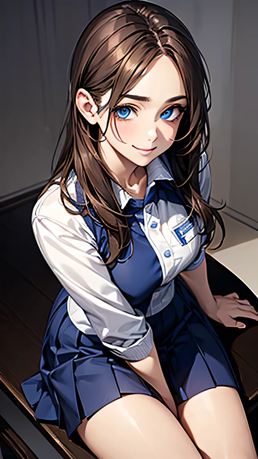 (Highest quality), Ultra-high resolution,Adult women, alone, sexy, (Blue eyes), Beautiful and symmetrical face, (Brown, unruly hair), Blue delivery uniform,Blue Skirt,Realistic:1.4,Realistic:1.4,(masterpiece:1.2),Perfect Eyes,Perfect Eyes,（A refreshing smile）,Curvy Body,White and glowing skin,（From above:1.1）