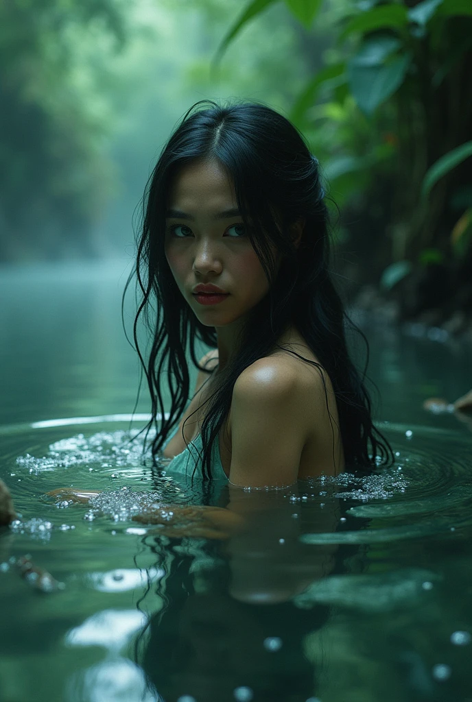 (top-quality、​masterpiece:1.2)、(Photorealsitic:1.2)、a 25yo woman、Mare、Wet hair、Mysterious lighting、Tropical rainforest