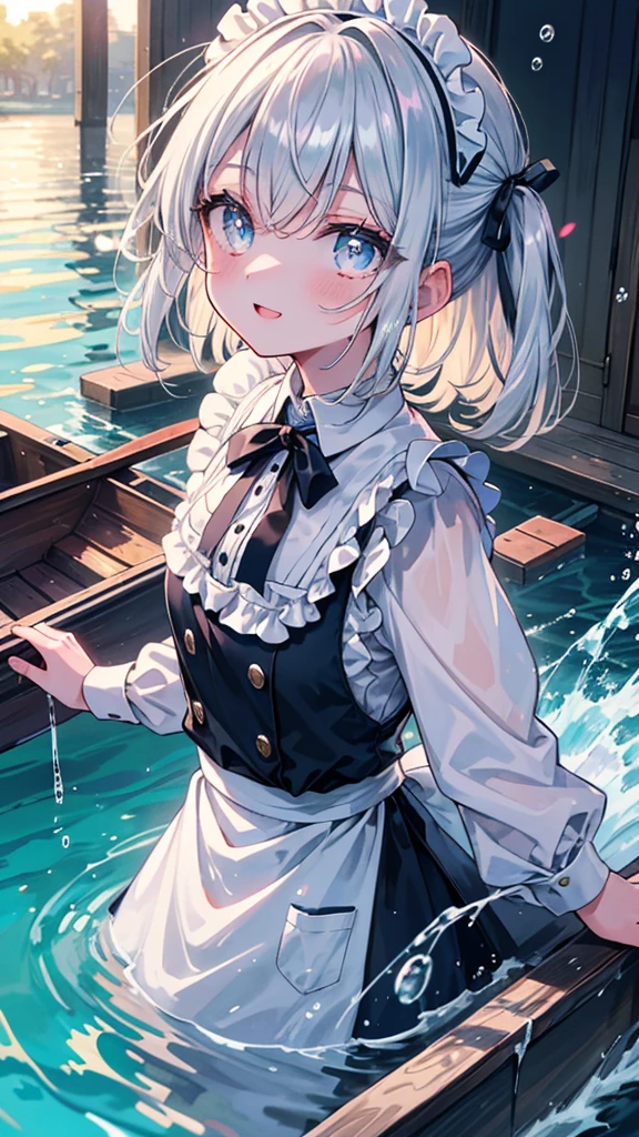 (8k, Highest quality, masterpiece: 1.2),Ultra-high resolution, 1 person, solo, Color changing eyes, Ultra-detailed, Expressive eyes, Highly detailed face, Maid clothes, Random Hairstyles、Silver gay hair, Rowboat、lake、sunlight, clavicle, Ecstatic expression,Sparkling、splash, Overall image, Flooding, 