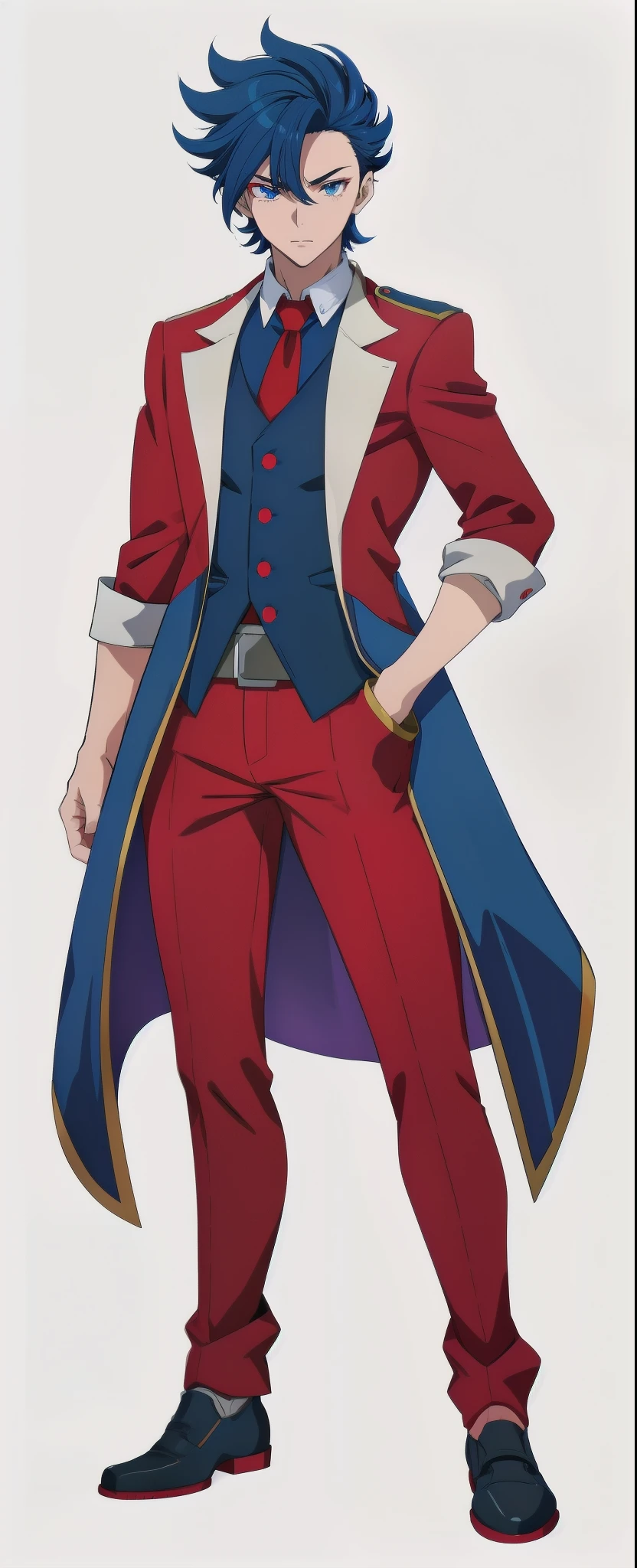 anime boy, dark blue hair, blue eyes, red suit, red coat, white sleeves, simple grey background, (beautiful and aesthetic:1. 5), thick black lineart, clean lineart, perfect lineart, sharp lineart, best quality, high quality, best quality, ultra-detailed, HD, beautiful lighting, 