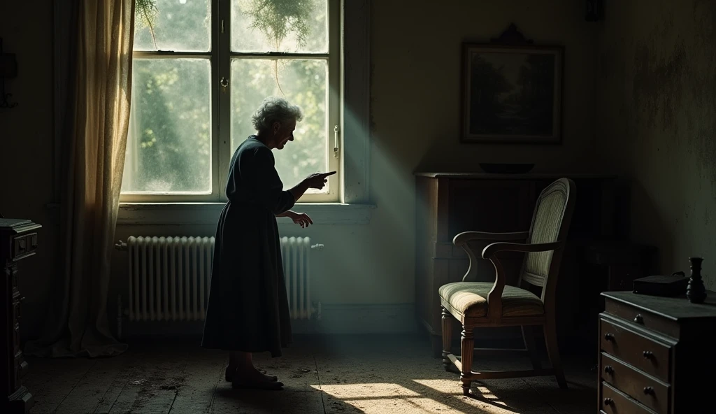 Inside the house, the old woman gestures toward a dusty wooden chair, inviting Shyam to sit. The room is dark, with only a faint light filtering through a cracked window, and old furniture covered in cobwebs.
