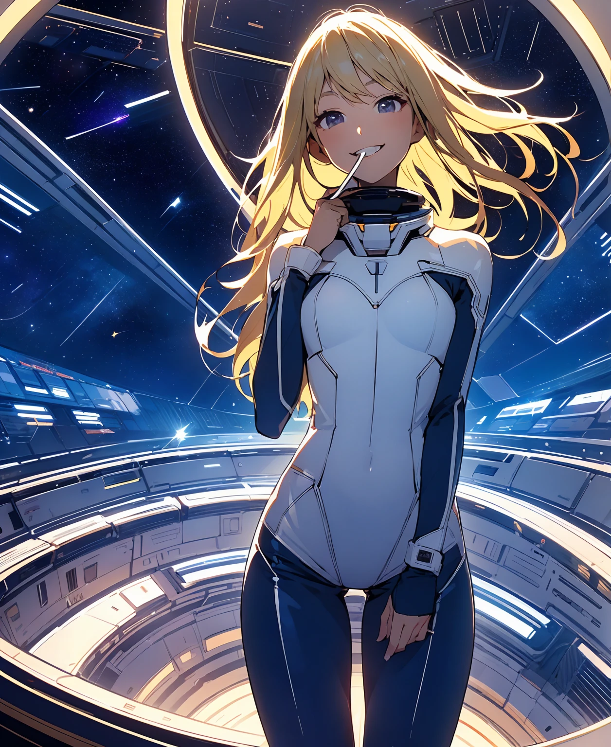 (masterpiece, Highest quality:1.2), (Cowboy Shot:1.1), alone, 1 person, mori yuki, smile, Mouth closed, Side view, Looking at the audience, Blonde, Long Hair, Thigh Gap, Navy blue bodysuit, Perfect for your skin, Perfect body, Large windows, (Spaceship porthole:1.3), (Spread your legs:1.3), (Are standing:1.1), Thigh Gap,  stop temporarily, Side view, Perfect hands, The bright interior of a spaceship, (Space View:1.1), (Orbital View:1.3), (night, Starry Sky:1.5), milky way