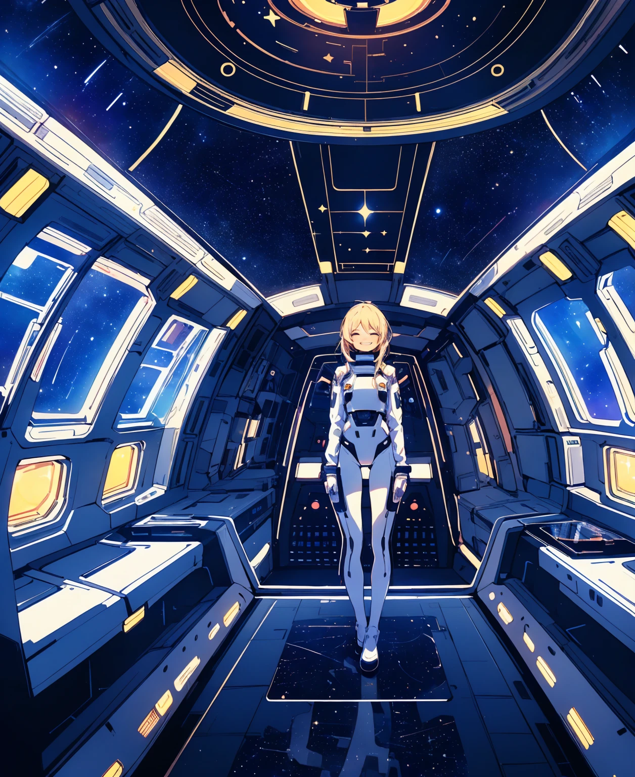 (masterpiece, Highest quality:1.2), (Cowboy Shot:1.1), alone, 1 person, mori yuki, smile, Mouth closed, Side view, Looking at the audience, Blonde, Long Hair, Thigh Gap, Navy blue bodysuit, Perfect for your skin, Perfect body, Large windows, (Spaceship porthole:1.3), (Spread your legs:1.3), (Are standing:1.1), Thigh Gap, stop temporarily, Side view, Perfect hands, The bright interior of a spaceship, (Space View:1.1), (Orbital View:1.3), (night, Starry Sky:1.5), milky way