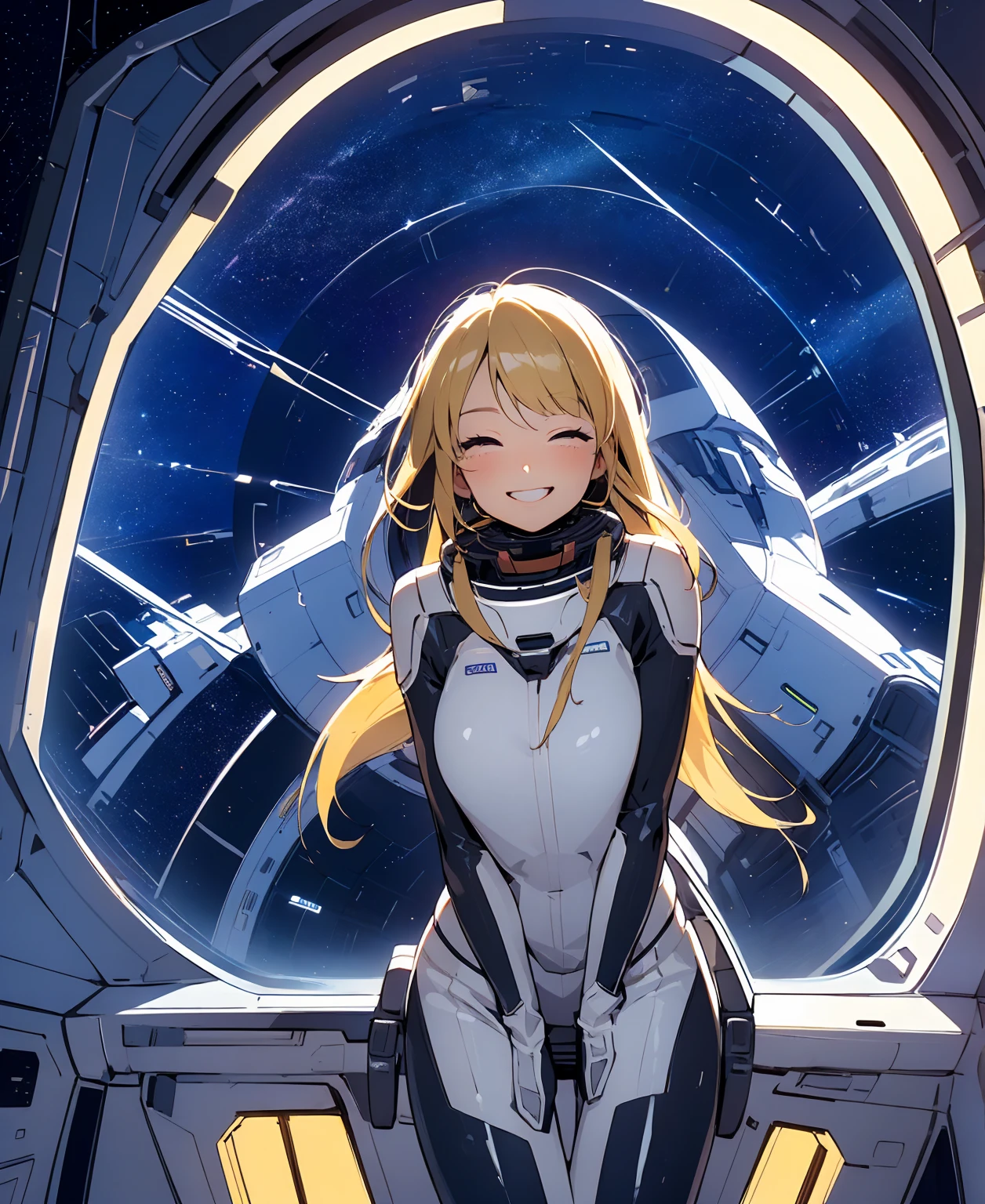 (masterpiece, Highest quality:1.2), (Cowboy Shot:1.1), alone, 1 person, mori yuki, smile, Mouth closed, Side view, Looking at the audience, Blonde, Long Hair, Thigh Gap, Navy blue bodysuit, Perfect for your skin, Perfect body, Large windows, (Spaceship porthole:1.3), (Spread your legs:1.3), (Are standing:1.1), Thigh Gap, stop temporarily, Side view, Perfect hands, The bright interior of a spaceship, (Space View:1.1), (Orbital View:1.3), (night, Starry Sky:1.5), milky way