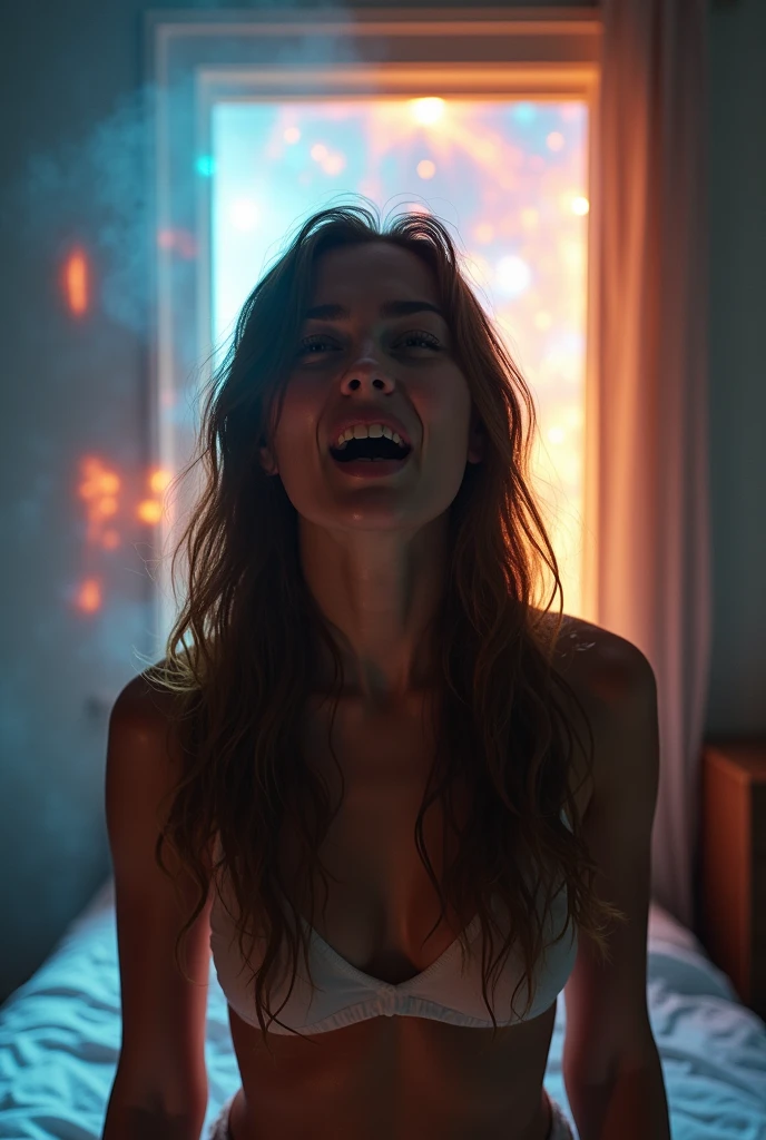 A screaming naked 18yo woman with big tits in a bedroom with a portal behind her. The woman is brightly lit and sweaty. Brightly lit room. Close up