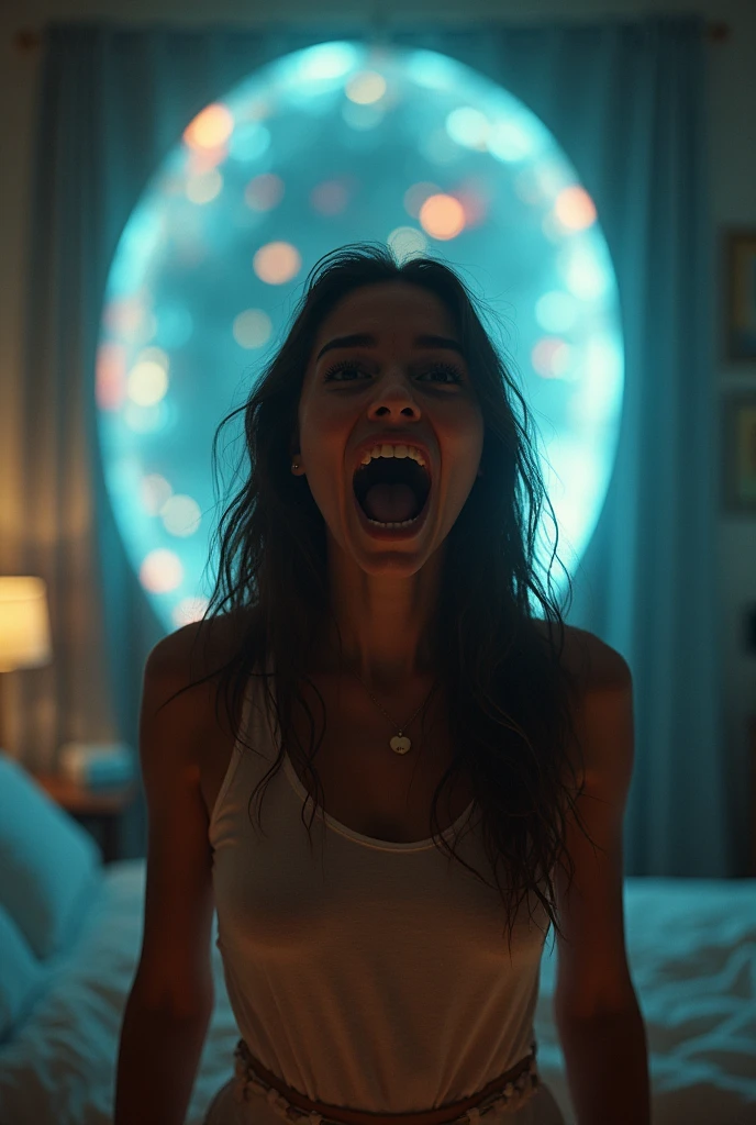 A screaming naked woman with big tits in a bedroom with a portal behind her. The woman is brightly lit and sweaty. Brightly lit room