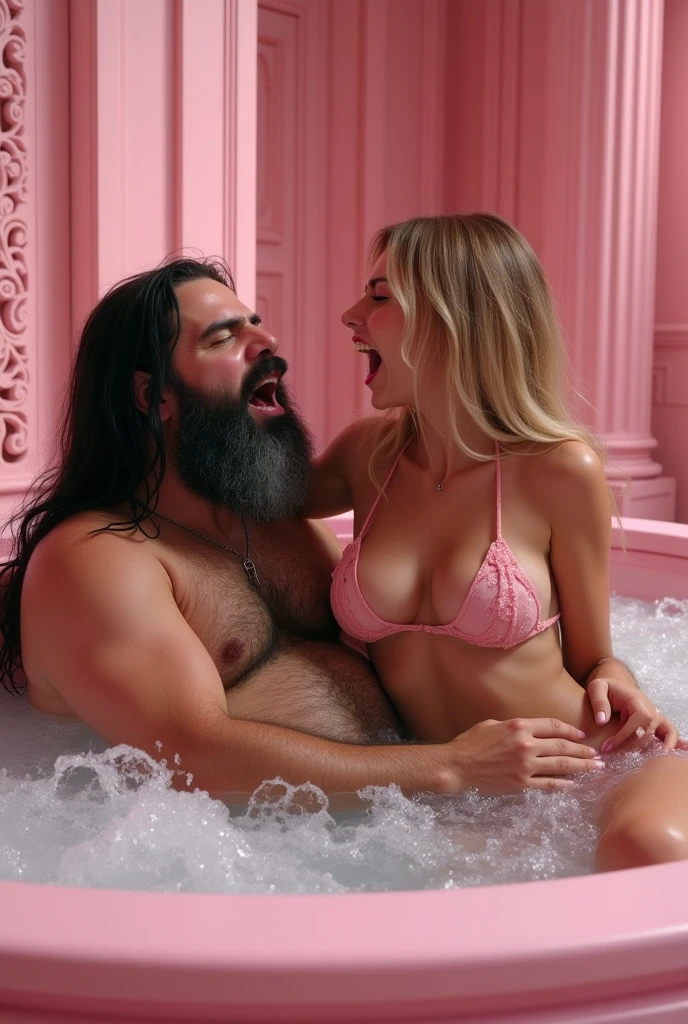 (photorealism:1.2), 1 extremely beautiful young harem girl, sexy nude, big breasts, Pretty perfect faces like kendall jenner and Margot Robbie, blonde and redhead straight hair, light skin, sitting on the lap and riding a fat ugly man with long black and gray untrimmed beard, long black hair, open mouth with an extreme sexual pleasure expression on his face, moaning and screaming with extreme pleasure, in very large pink Jacuzzi in pink luxurious bathroom of pink palace, a beautiful pink sign "Harem del sultán" on the back wall,
realistic, intricate details