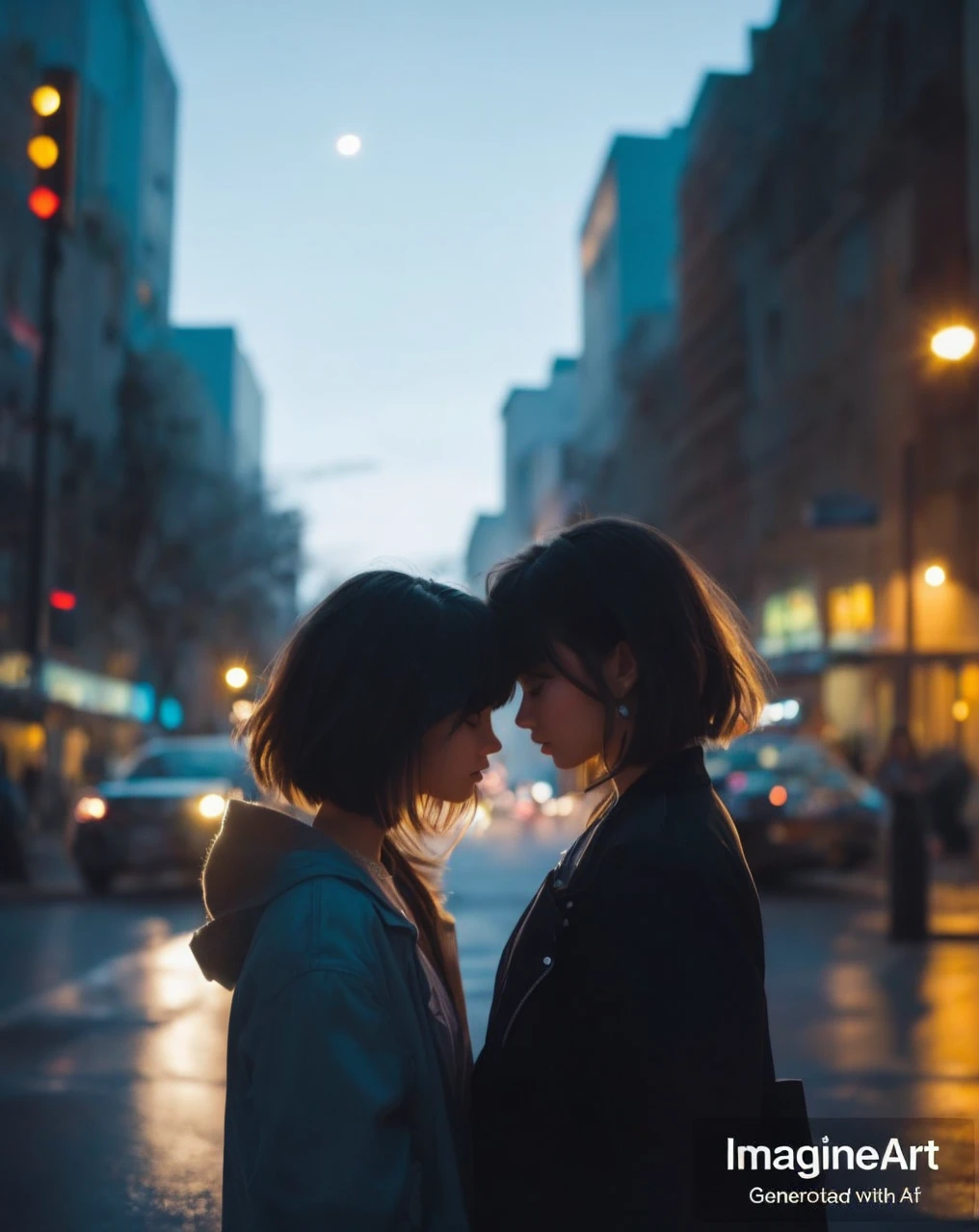 make the exact same background but the girls are standing at a distance that is far from where the picture is taken and the girls are resting their forehead on each others forehead