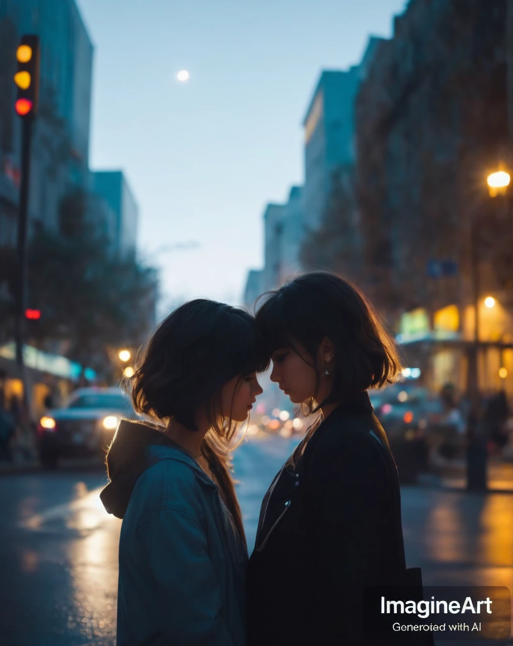 make the exact same background but the girls are standing at a distance that is far from where the picture is taken and the girls are resting their forehead on each others forehead