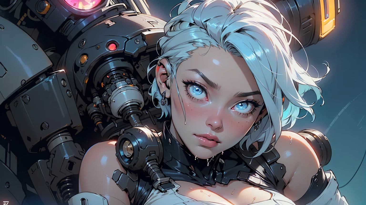 (cyborg girl),(cyborg girl:1.5),maid android,((1girl)),((mechanical robot girl with extremely cute and beautiful pale blue hair)),
(large breasts:1.4),saggy breasts,(((pale blue bob hair:1.35,colored inner hair,short hair,ear breathing))),(((doll))),((pale white skin,doll joints:1.5,mechanical hands:1.5)),((silver armored dress,tesla coils)),((maid mechanical doll:1.5,body of a machine:1.5,metallic skin,ball joint,cyborg:1.5, robotic parts:1.5,robot:1.5,mechanical joints: 1.4,mechanical limbs)),(((pale_blue_eyes:1.3))),intricate eyes,beautiful detailed eyes,symmetrical eyes,((fat)),(((lustrous skin:1.5,bright skin: 1.5,shiny skin,very shiny skin,shiny body,plastic glitter skin,exaggerated shiny skin,illuminated skin,wet legs))),(spider lower abdomen,narrow waist,wide hip,detailed body,(detailed face)),
cute,slutty,seductive,erotic,((nsfw)),
(maid headdress),bare_shoulders,delicate metal decorations,Headdress,(maid),sleeveless,miniskirt,boots,cleavage_cutout,bare_legs,((wet clothes,intricate outfit,intricate clothes,intricate details)),
(dynamic pose:1.0),embarrassed,(centered,scale to fit dimensions,Rule of thirds),
cyberpunk city by the ocean at night, with bright neon signs and dark stormy clouds and puddles, scenery:1.25,nighttime, starry night, cosmos,Very dark night that makes the neon lights stand out, very bright neon lights,nighttime, starry night, cosmos,,
artistic photography,(photography taken by sldr),highres, sharp focus,(ultra detailed, extremely detailed), (photorealistic artwork:1.37),(extremely detailed CG unity 8k wallpaper),((synthwave background theme)),(((vibrant colors))),intricate,(intricate background),(masterpiece),(best quality),perfect rendered face,perfect face details,realistic face,photo realistic,analog style,((intricate detail)),(((realism))),