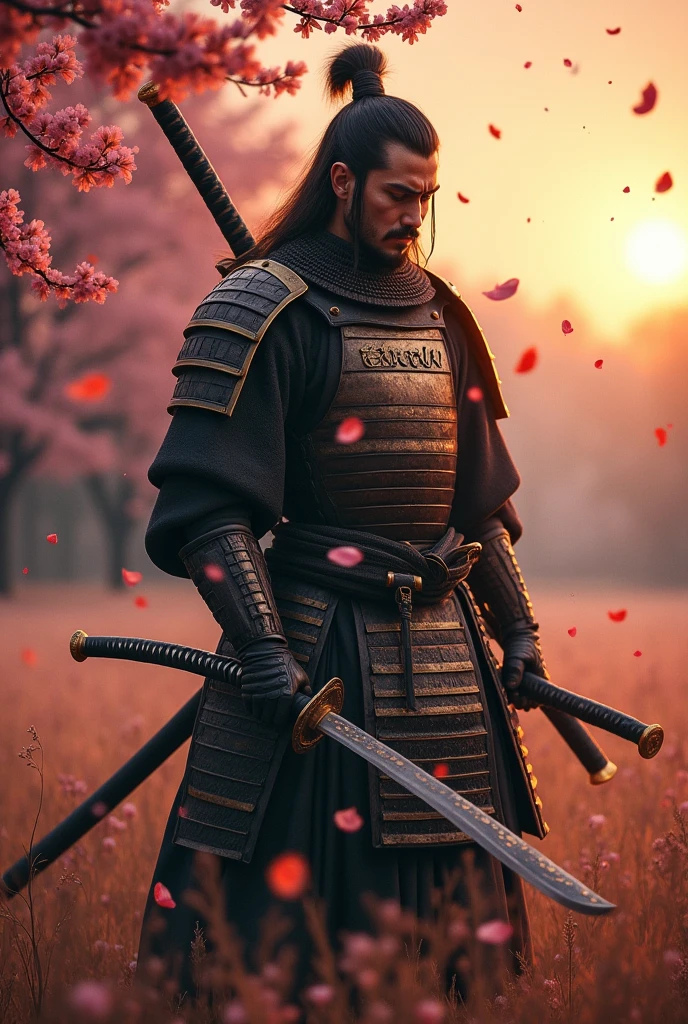 Create a samurai crying gold and holding two swords in his hand
