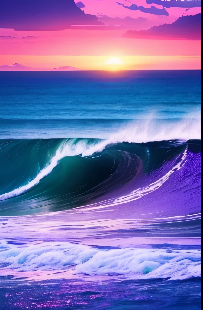 a purple and blue sunset over the ocean with waves, digital art by Mike "Beeple" Winkelmann, tumblr, color field, beautiful vibrant colors, beautiful colors, stunning colors, gorgeous colors, magical colours and atmosphere, breathtaking colors, amazing colors, beautiful colours, magical colors and atmosphere, vividly beautiful colors, amazing colours, moody beautiful colors