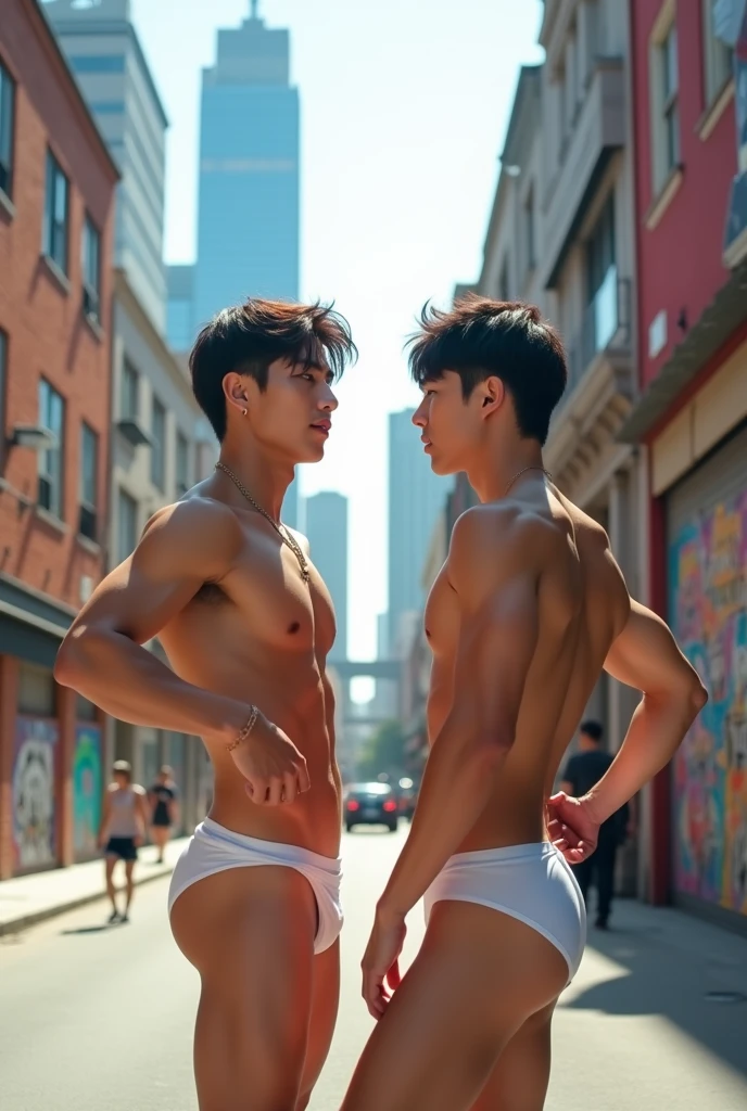 Two boys, Korean, boy focus, handsome, idol, K-pop, in the street, bang, muscle,y, white thong underwear, abs, topless, city
