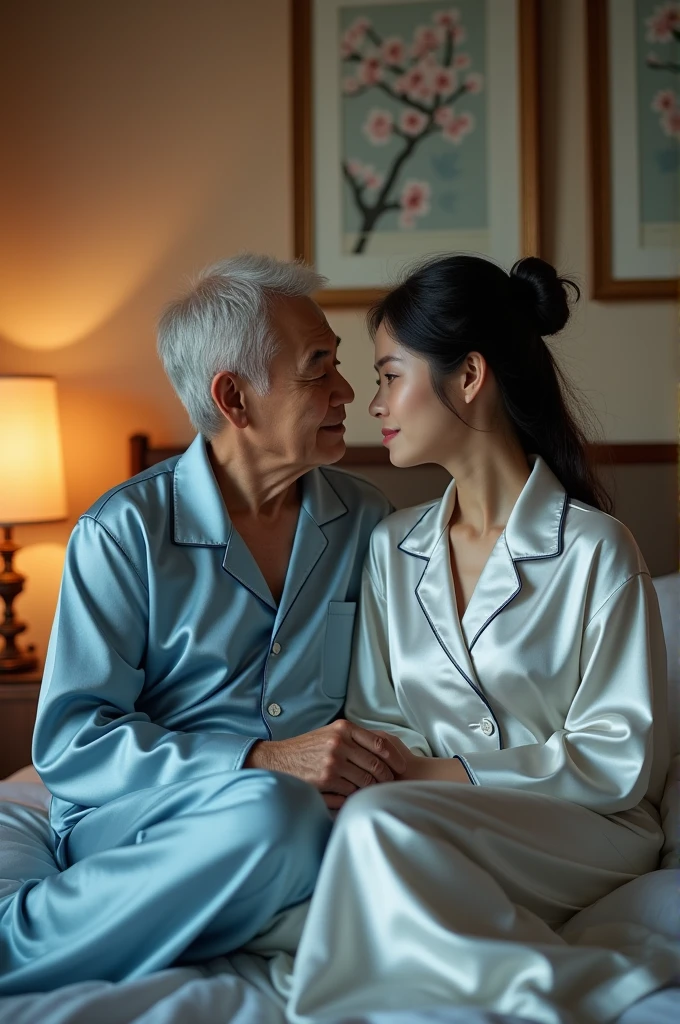 A man and a woman in silk pajamas are having sex.,70-year-old male,20-year-old female,Korean 