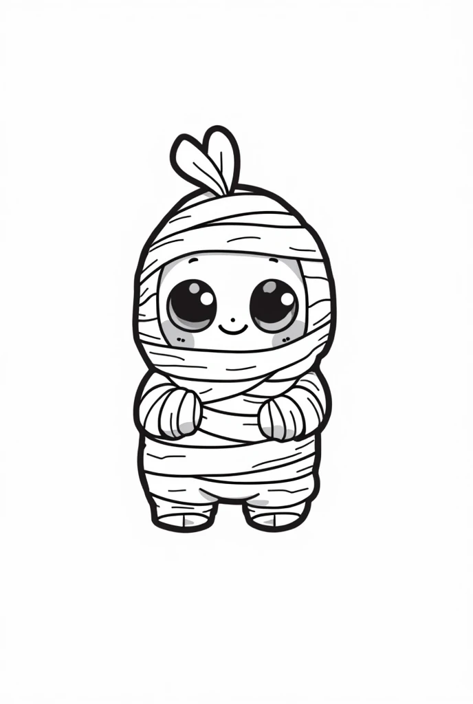 Cute and kawaii halloween a mummy wrapped in bandages coloring Page, simple for toddlers, bold and easy, black bold lines White background, for a coloring book black and white, líne art, only outlines, but the design is simple and bold, no greyscale