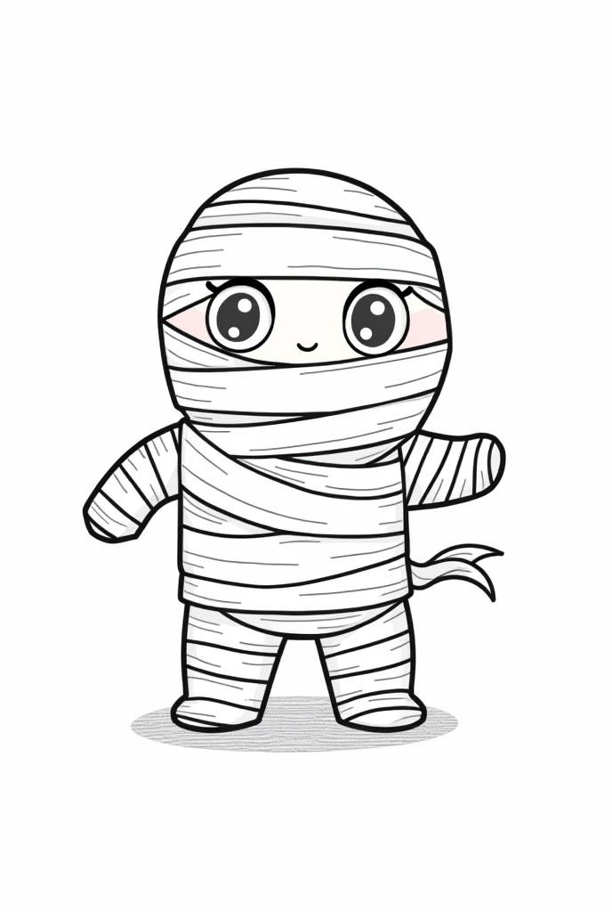 Cute and kawaii halloween a mummy wrapped in bandages coloring Page, simple for ddlers, bold and easy, black bold lines White background, for a coloring book black and white, líne art, only outlines, but the design is simple and bold, no greyscale