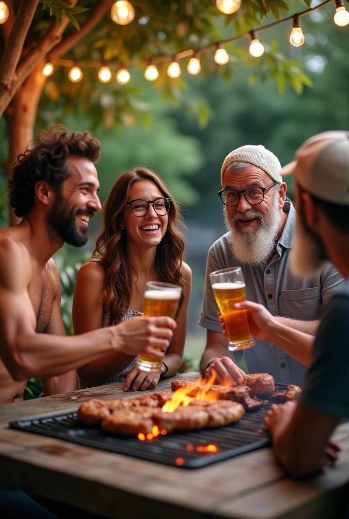 Four people drinking beer at a counter with a grill.
A shirtless 40-year-old man with brown skin.
A 30-year-old woman with brown hair and glasses
A 50-year-old man wearing a white beanie with a grey shirt wearing glasses.
A man with a backwards cap and glasses with a long beard