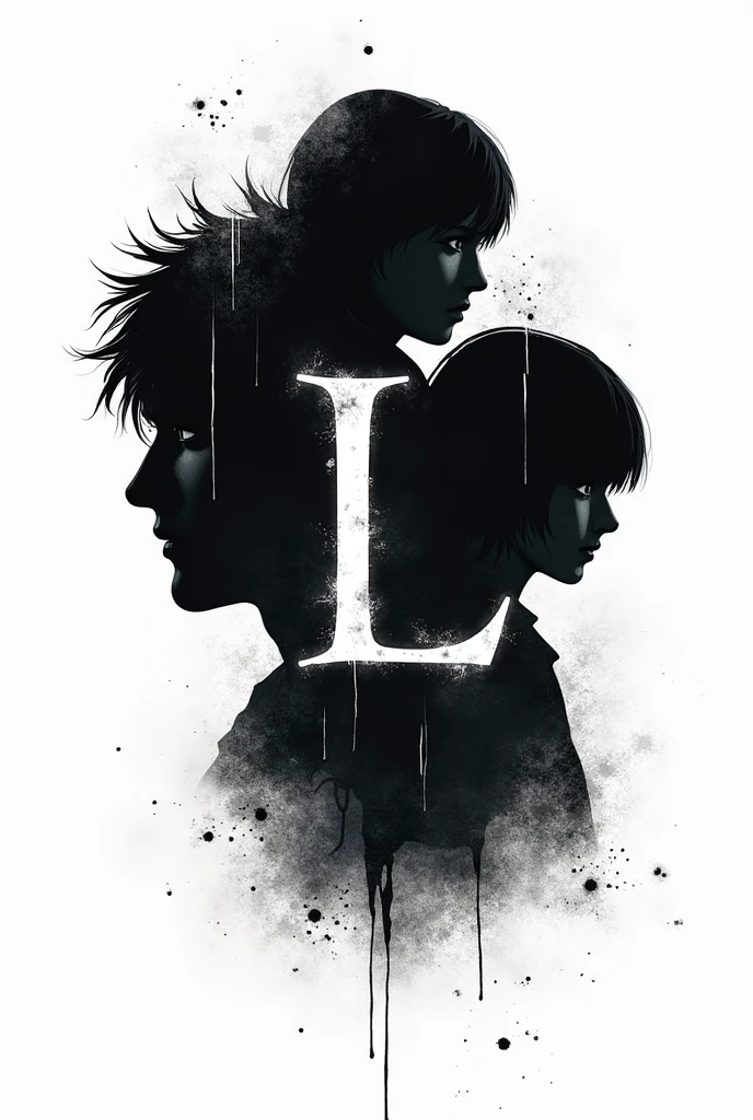 Can you create a mobile phone background for me that is white and has the theme of deathnote. I want it to be about L and that in the center, the L is in the Death Note font. And to make the L on the edges, individual characters should be visualized in black and white. The mandatory characters are Light, L, Misa und Near