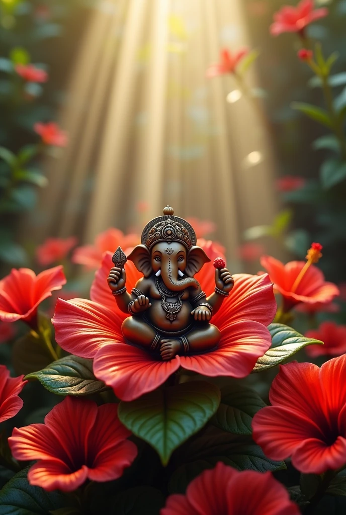 Lord Ganesh idol which is sat over a red hibiscus flower , and it is surrounded by a no. Of red hibiscus flowers , his skin colour is dusky , also there should be green leaves around him. And some divine lighting ideas
