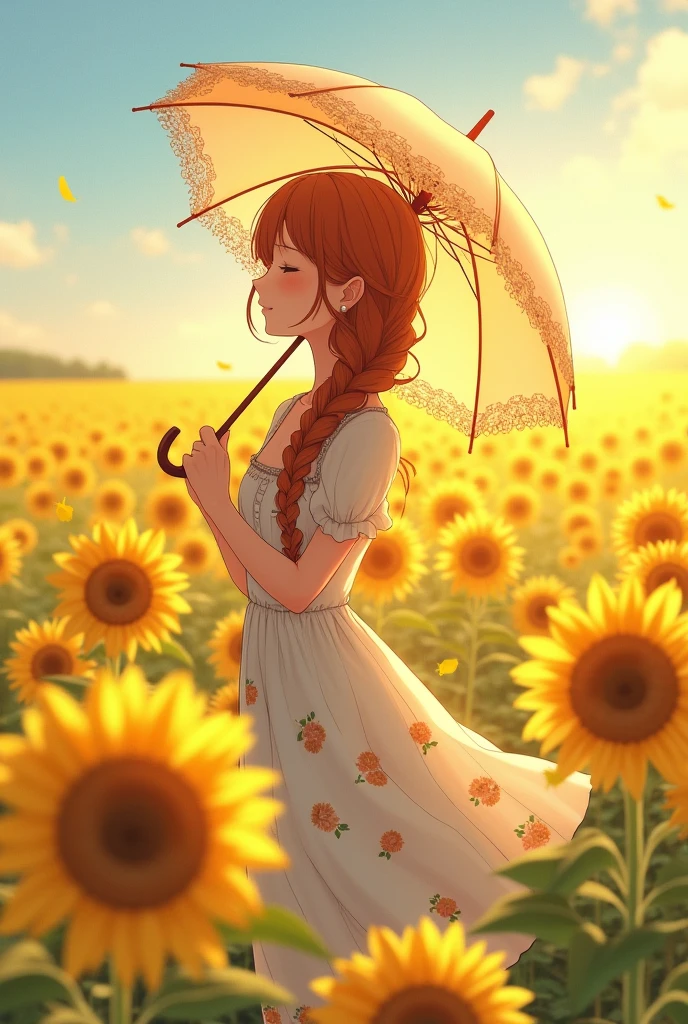 anime girl with eyes closed, braided auburn hair and cottagecore dress in a field of sunflowers holding an umbrella