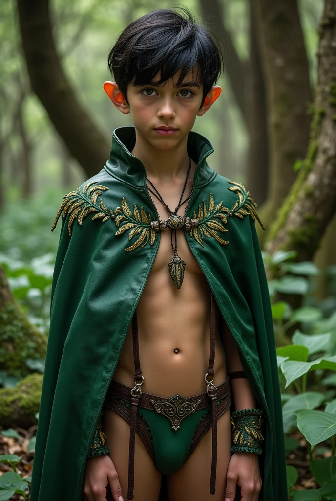 full body view, (detailed elf ear, 1 boy, prominent face half-elven, seductive expression, black hair parted in the middle, beautiful eyes, short black hair, black hood, narrow shoulders, hour glass, large shrub, camel toe), (green leather cape with hood, thin braided leather straps, bustier and panties with garter, elven designed clothing, ivy leaf pattern with golden details), (medieval scenery, ivy vines, oak forest, large oak background), showing naked body
