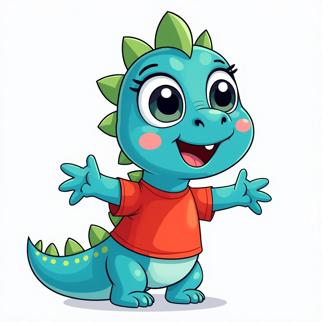 An illustration for children of a dinosaur, with the appearance of an , no eyelashes, with red shirt, trouserless, blue skin, green dinosaur crests on the head and tail, cute cartoon smile,  full body, with an appearance of tenderness, White background