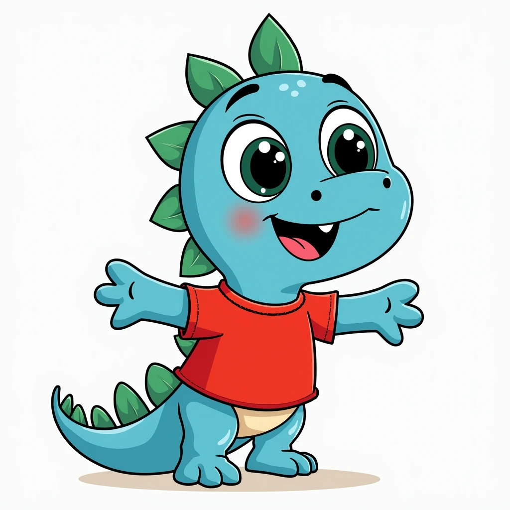 An illustration for children of a dinosaur, with the appearance of an , no eyelashes, with red shirt, trouserless, blue skin, green dinosaur crests on the head and tail, cute cartoon smile, full body, with an appearance of tenderness, White background