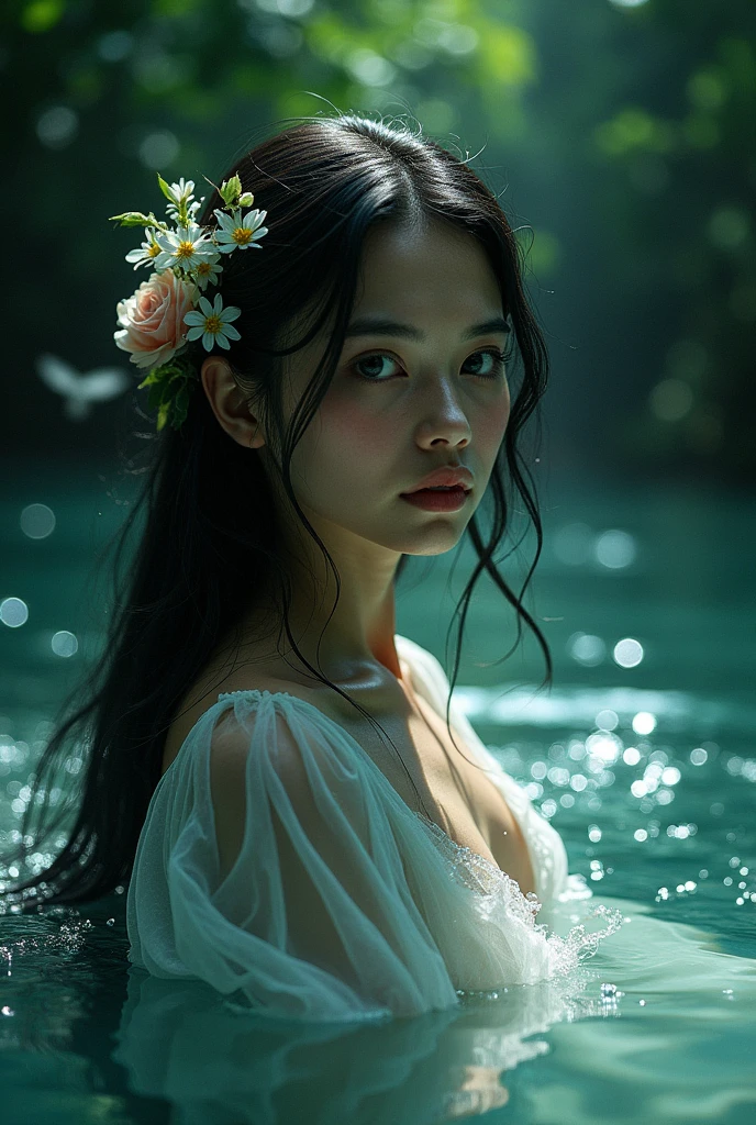 (apply fishes in the river, show me her face, the situation in the story, make her look a like a creepy water goddess) Seraphina Lagdameo, an engkanto in the rivers of Mount Banahaw in the Philippines, was known for her ethereal beauty and the shimmering silver fish that followed her through the crystal waters. Her greatest desire was to experience the warmth of human love, something she had learned about through the stories carried by the river's currents and the whispered tales of forest creatures. The silver fish, enchanted by her magic, could grant her glimpses into the human world, showing her fleeting visions of laughter, joy, and love.
One night, she encountered a kind-hearted traveler who had lost his way and settled by the riverbank. As he slept, Seraphina wove an enchantment around him, using her powers to enter his dreams and create a shared vision of a life where they were together, hoping to touch his heart in the realm of dreams.
With the dawn, she watched him depart, her longing unfulfilled as she remained bound to her river, forever yearning for the love she could never truly have, the fish's scales dimming as they reflected her sorrow. To ease her loneliness, Seraphina used her magic to weave dreams of the traveler into the waters, replaying their brief encounter endlessly and keeping his memory alive. Yet each time the vision faded, her heart ached a little more, knowing her desire would always remain just beyond her reach.