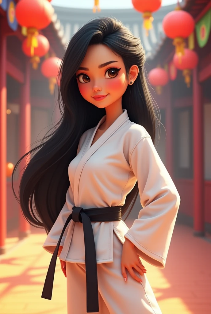 A woman with long black hair and a taekwondo dobok posing for a photo, artgerm and atey ghailan, 3D Disney style, cartoon character, artgerm; 3d unreal engine, 3d rendering of a beautiful disney girl, cartoon character fofo, ross tran 8 k, ross tran style, in the style of ross tran, cartoon character 3d