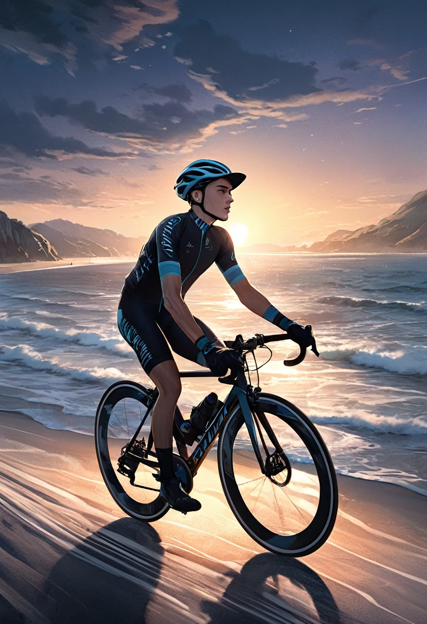 ( Correct and perfect anatomy ) A stylish boy wearing a hat rides a bicycle (close up) (Well-fitting cycling clothing),(Gloves) on a beautiful coastline. Cycling, high dynamic, wind, speed lines, exquisite, detailed, perfect.
The background is a deep twilight coastal scene, the sky gradually darkens, the light gets dimmer.,Beautiful light and shadow art creates a mysterious atmosphere. Highly detailed digital art with soft colors. Surreal high-definition pictures.
