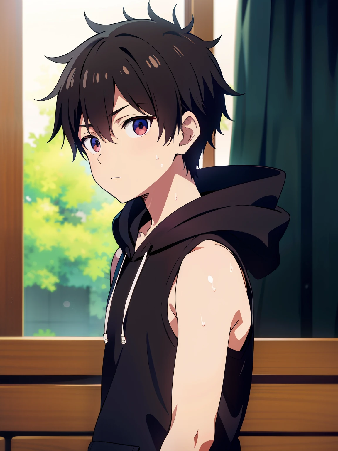 Highres, Masterpiece, Best quality at best,Best Quality,hight quality, hight detailed, Anime style, 1boy, Shota, young boy, Solo person, Black hoodie, Sleeveless hoodie, bare shoulder, Seen from the side, look at viewer, (very young boy), (very small and short body), s,  hansome boy, sweat, Uhd, 4k, bokeh, exp_1