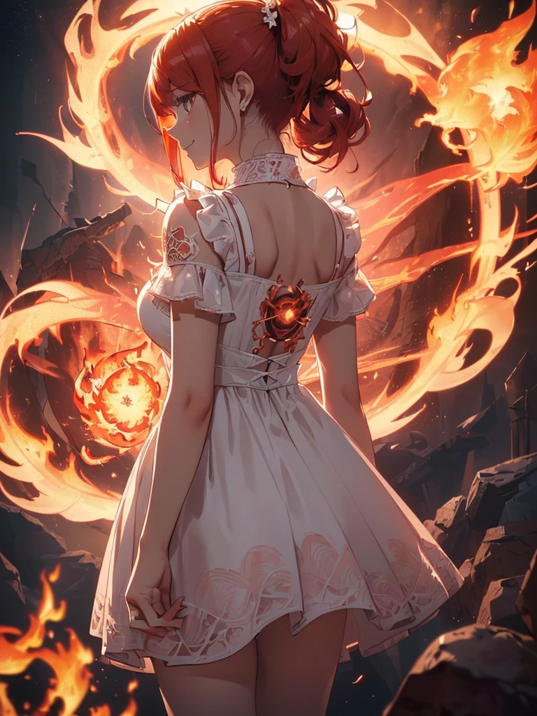 (((best quality, sharp image, clear image, cinematic lighting, 8k resolution, masterpiece, ultra detailed, intricate))) Girl, (((looking over left shoulder))), (shot from behind), ((half shot)), fiery red hair, pigtails, ((white dress)), ((flaming sigils, flaming runes)), spiky rock formations, (flaming lotus flowers frame), (intricate background), ((Phoenix)), (swirling flames), smiling