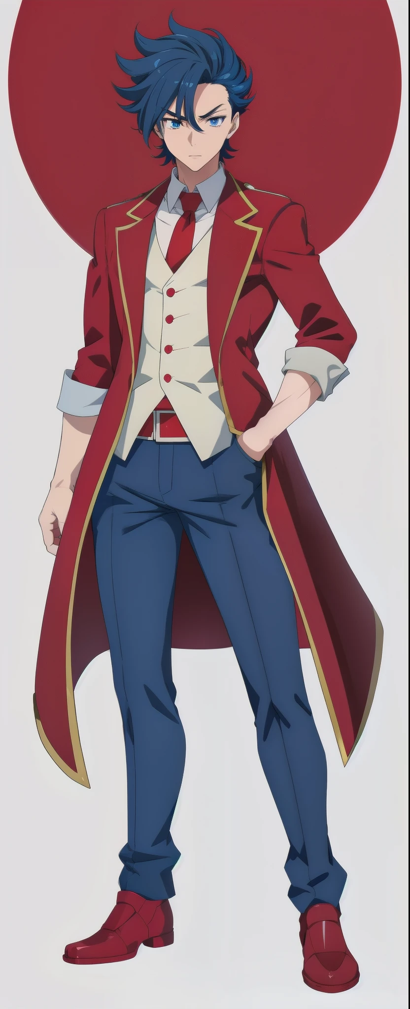 anime boy, dark blue hair, blue eyes, red suit, red coat, white sleeves, simple grey background, (beautiful and aesthetic:1. 5), thick black lineart, clean lineart, perfect lineart, sharp lineart, best quality, high quality, best quality, ultra-detailed, HD, beautiful lighting,