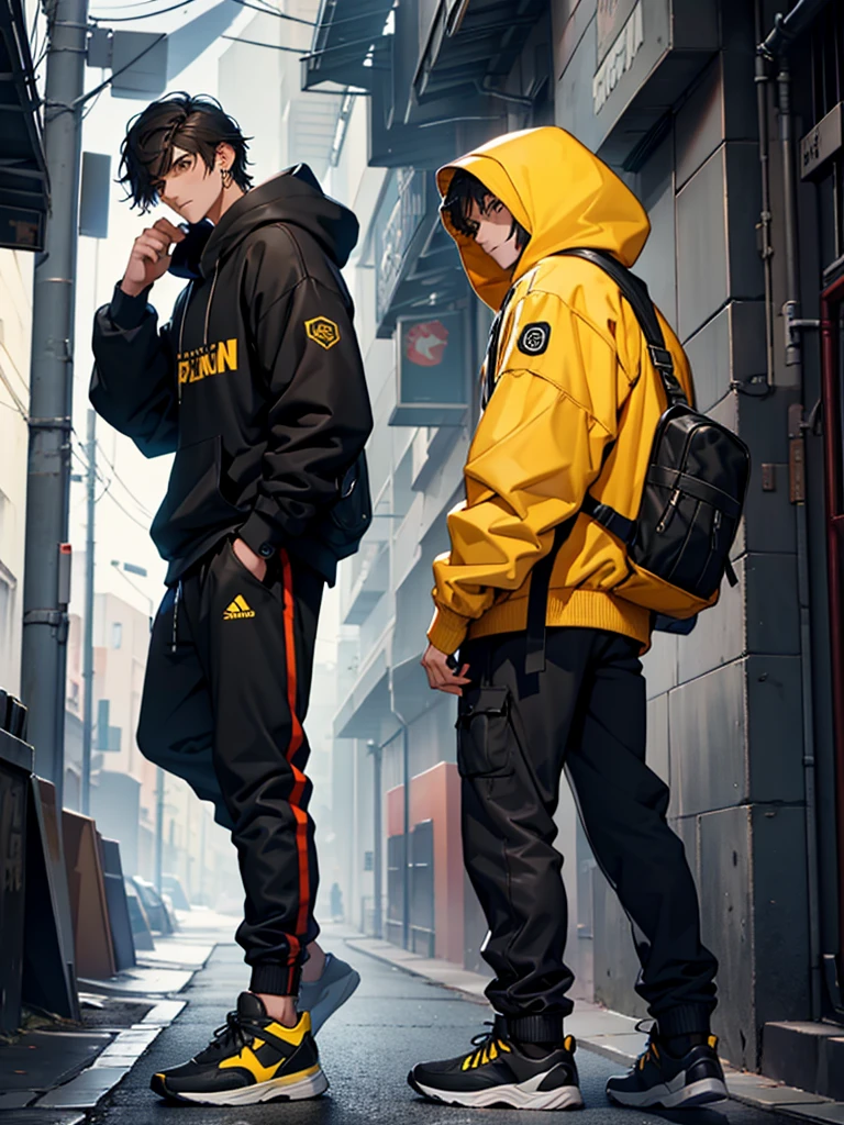 A tall brunette guy with a Height of 1,92 and Black hair and Light Brown eyes the Gray shirt, black hoodie with a hood and long sleeves that go to the middle of the forearm , green watch on the right wrist, black and long pants, dark blue sneakers with yellow laces, and a black backpack with details on the golden straps, and an earring in the left ear.