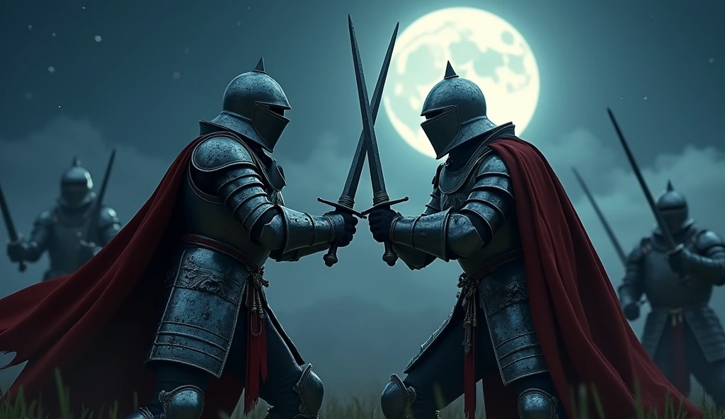 A highly realistic, high-contrast, 8K HD, detailed, hyper-detailed image of medieval knights with lion emblems on their armor, engaged in fierce combat on the battlefield at night, wielding their swords with skill and determination. The knights, clad in steel armor with lion emblems painted on their chests, battle against their enemies under the cover of darkness. The moonlight and faint glimmers of starlight cast an eerie glow over the scene, reflecting off their armor as they clash in the midst of combat. The atmosphere is intense and filled with the tension of battle, capturing the raw power and courage of the knights as they fight valiantly in the night. The image is of the highest quality, with ultra-high resolution, RAW photo quality, and Unreal Engine rendering, showcasing the heroic and relentless spirit of the knights as they battle under the night sky, with the lion emblem prominently displayed on their armor.