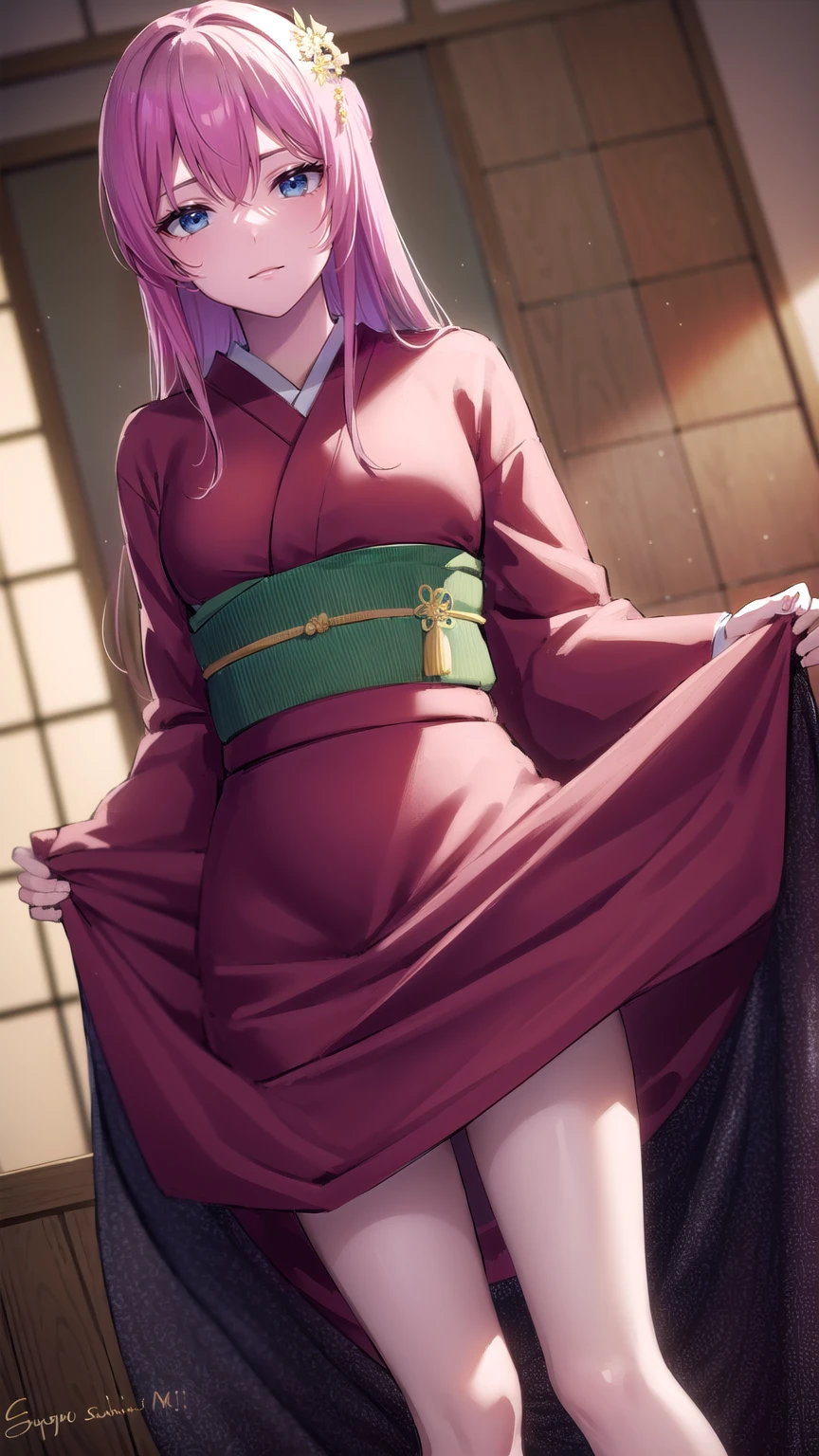 kayosudou, kayo sudou, blue eyes, pink hair, long hair, BREAK flower, flowes, green sash, hair ornament, japanese clothes, kimono, obi, red kimono, sash, mature woman, milf
BREAK (standing), cowboy shot, looking at viewer, (dress lift, bare legs, nsfw, pussy:1.2),
BREAK indoors,
BREAK (masterpiece:1.2), best quality, high resolution, unity 8k wallpaper, (illustration:0.8), (beautiful detailed eyes:1.6), extremely detailed face, perfect lighting, extremely detailed CG, (perfect hands, perfect anatomy),