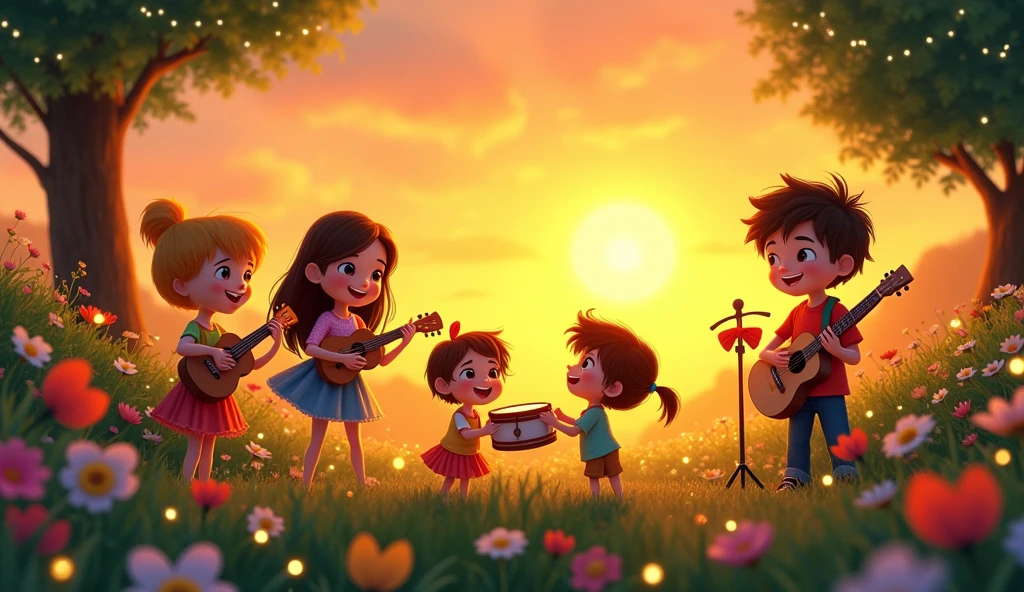 As the sun sets on the garden, a group of cartoon children serenades the flowers and trees with their musical talents, creating a magical and enchanting scene.