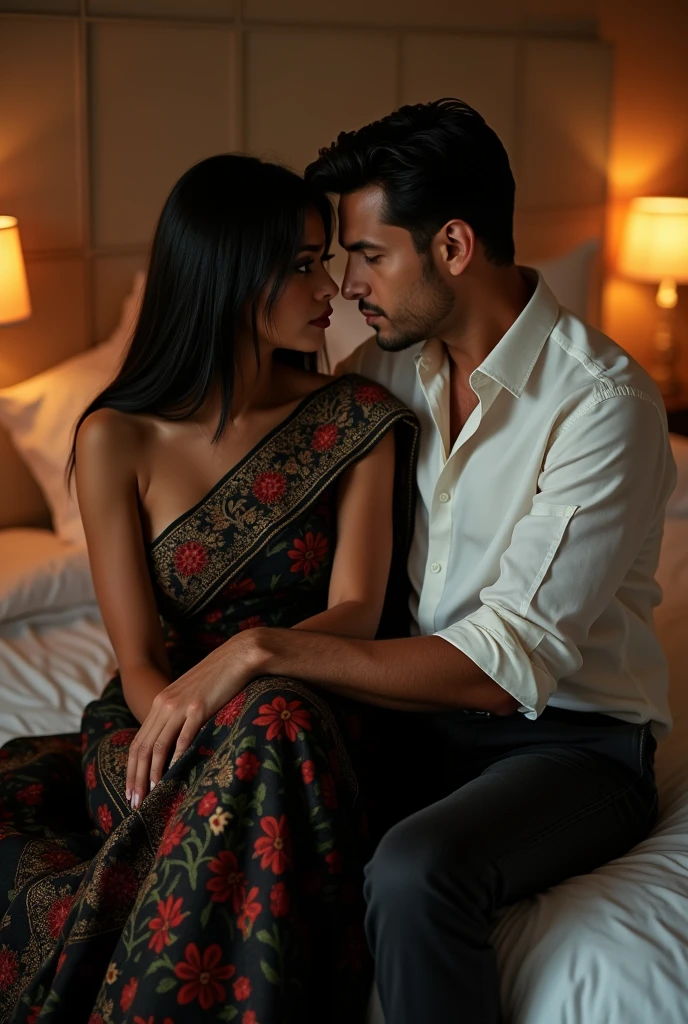 A girl, tanned skin, wearing a black colour saree,red and green designs on it, dark red blouse with long sleeve, long hair, black hair, open hair, Straight hair ,Asian style, sitting on a bed, looking at a man who wears a white shirt,folded sleeve,black jeans, night, dream light,