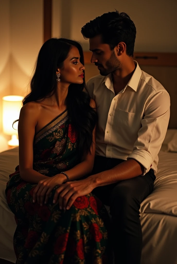 A girl, tanned skin, wearing a black colour saree,red and green designs on it, dark red blouse with long sleeve, long hair, black hair, open hair, Straight hair ,Asian style, sitting on a bed, looking at a man who wears a white shirt,folded sleeve,black jeans, night, dream light,